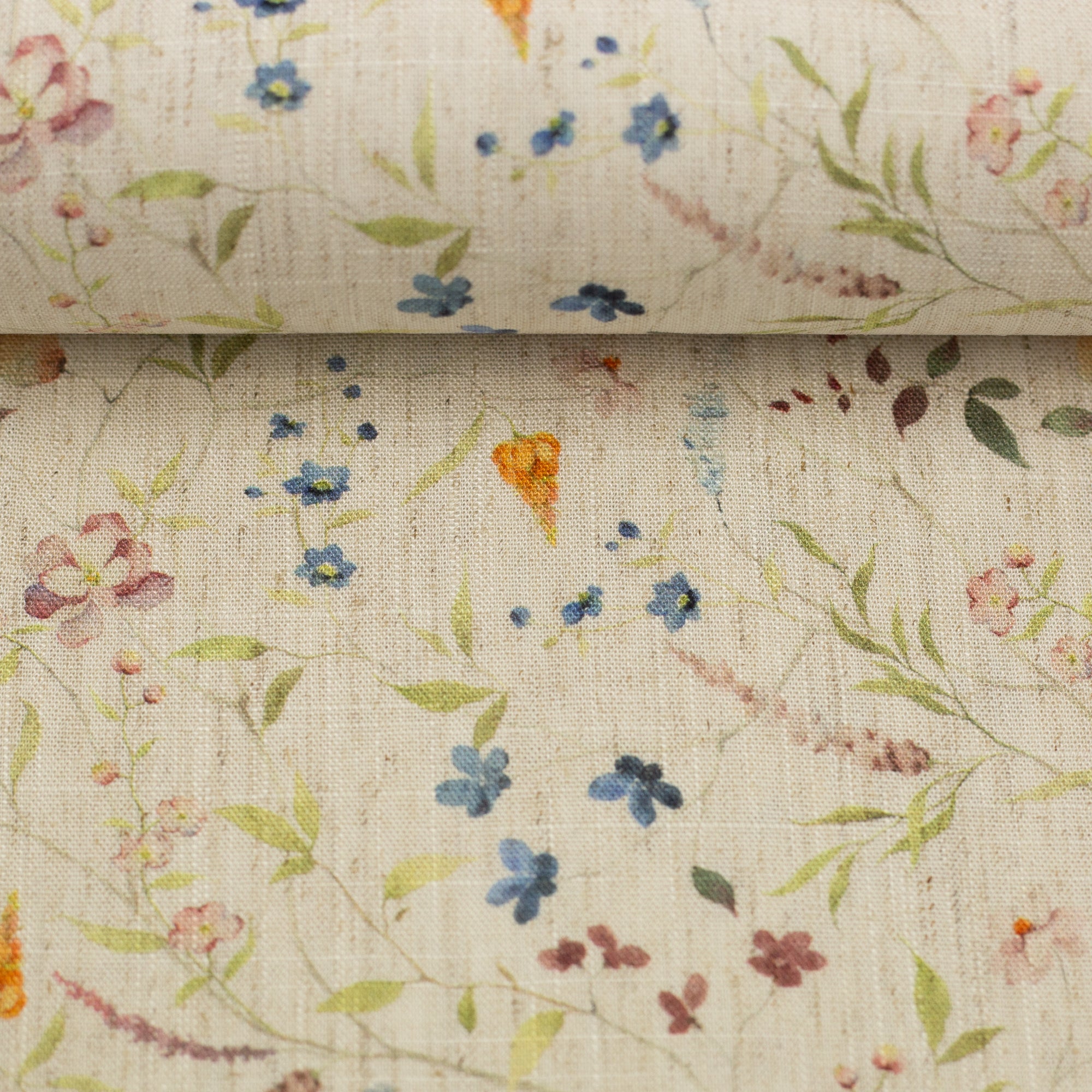 Viskose-Leinen kleine bunte Blüten beige