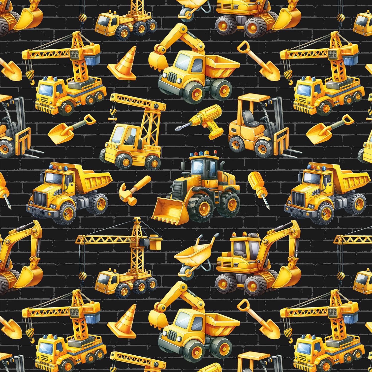 French Terry Baufahrzeuge auf schwarz