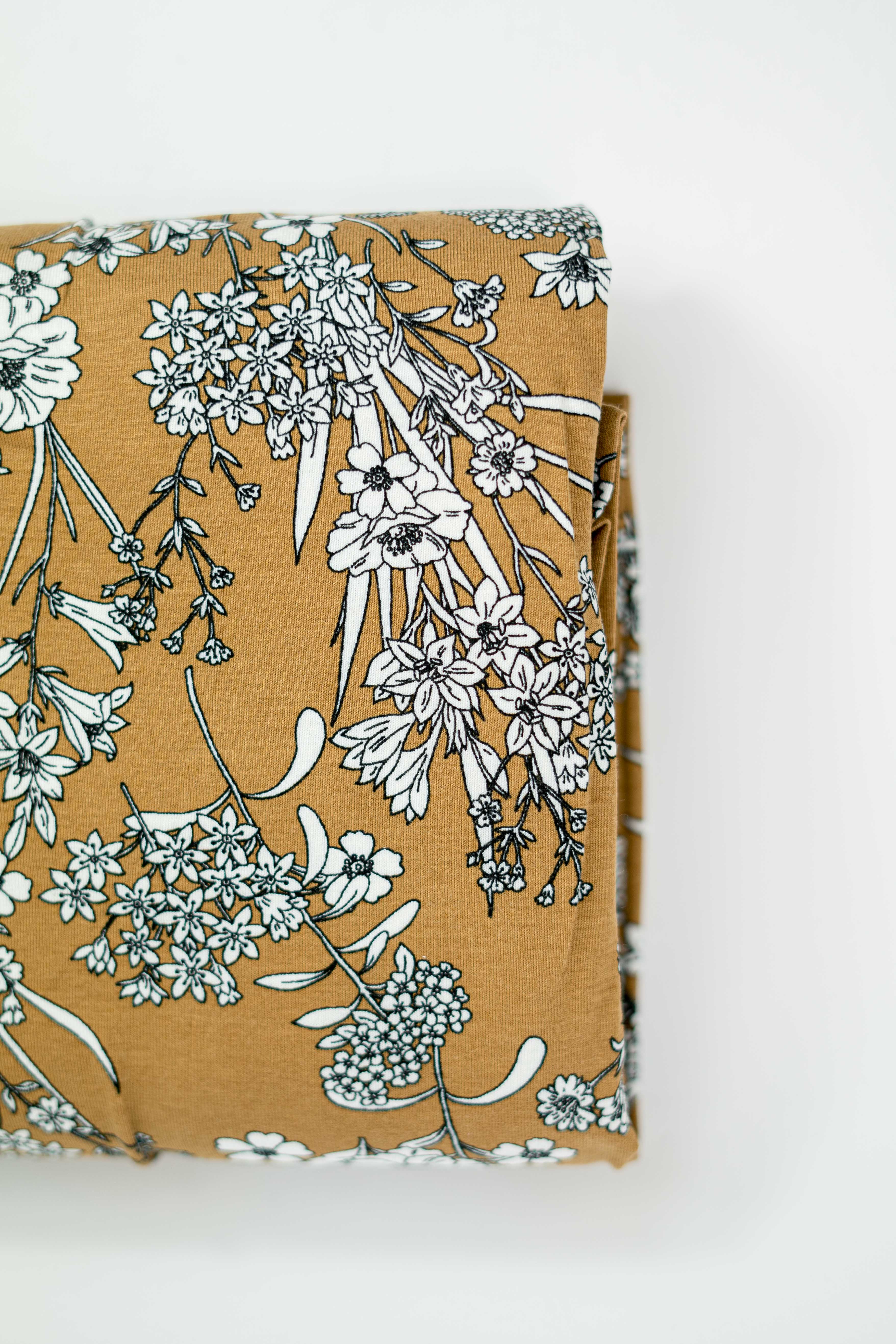 Viskose-Jersey Blütenzweige auf beige-braun Stenzo