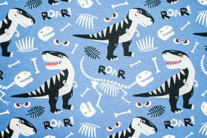 French Terry Roar, Dinosaurier auf blau